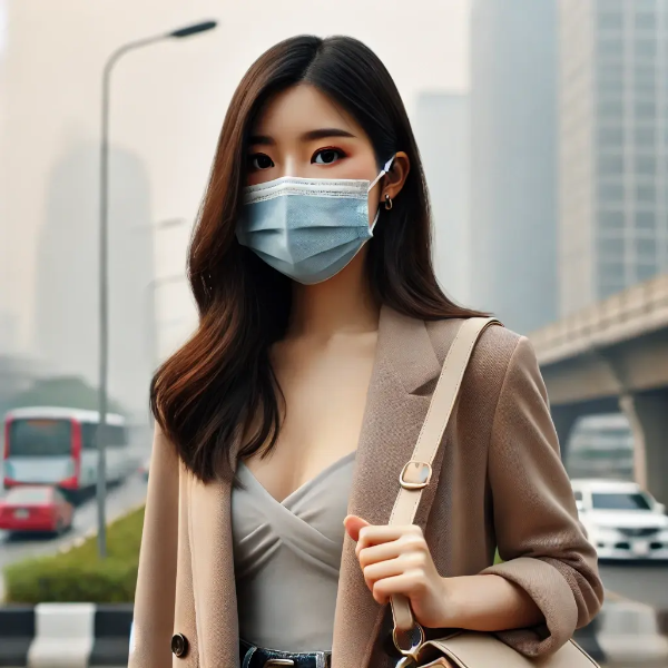 미세먼지 속 마스크를 착용한 젊은 아시아 여성