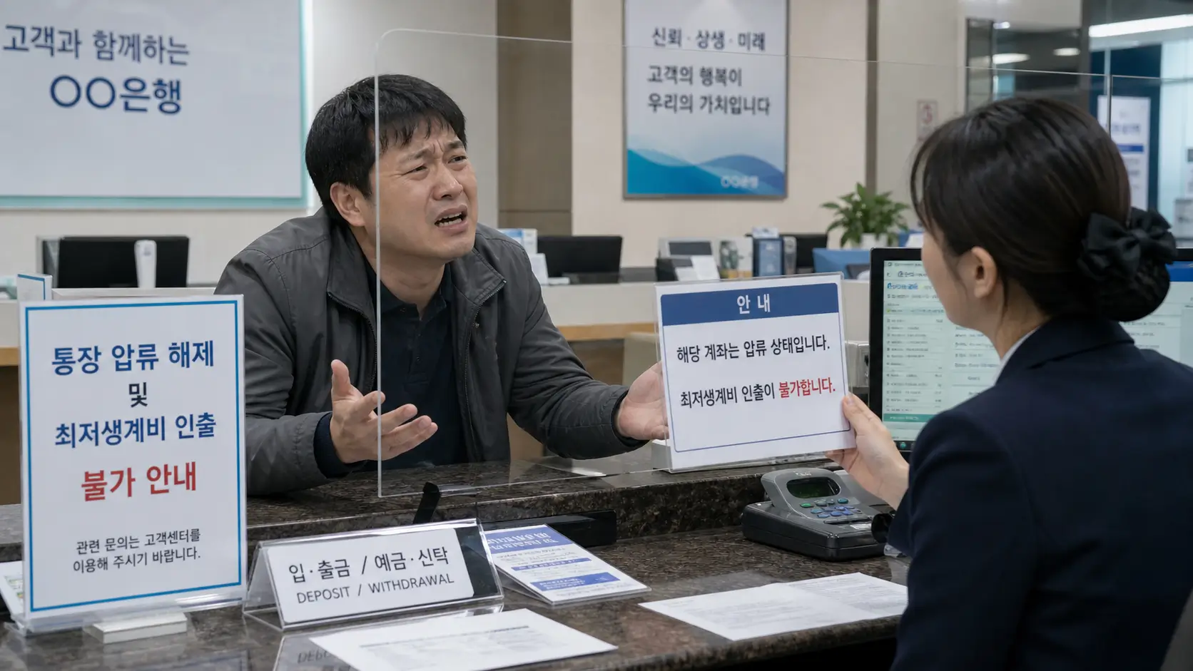 은행 창구에서 통장 압류 해제 및 최저생계비 인출을 거절당하는 채무자의 답답한 상황
