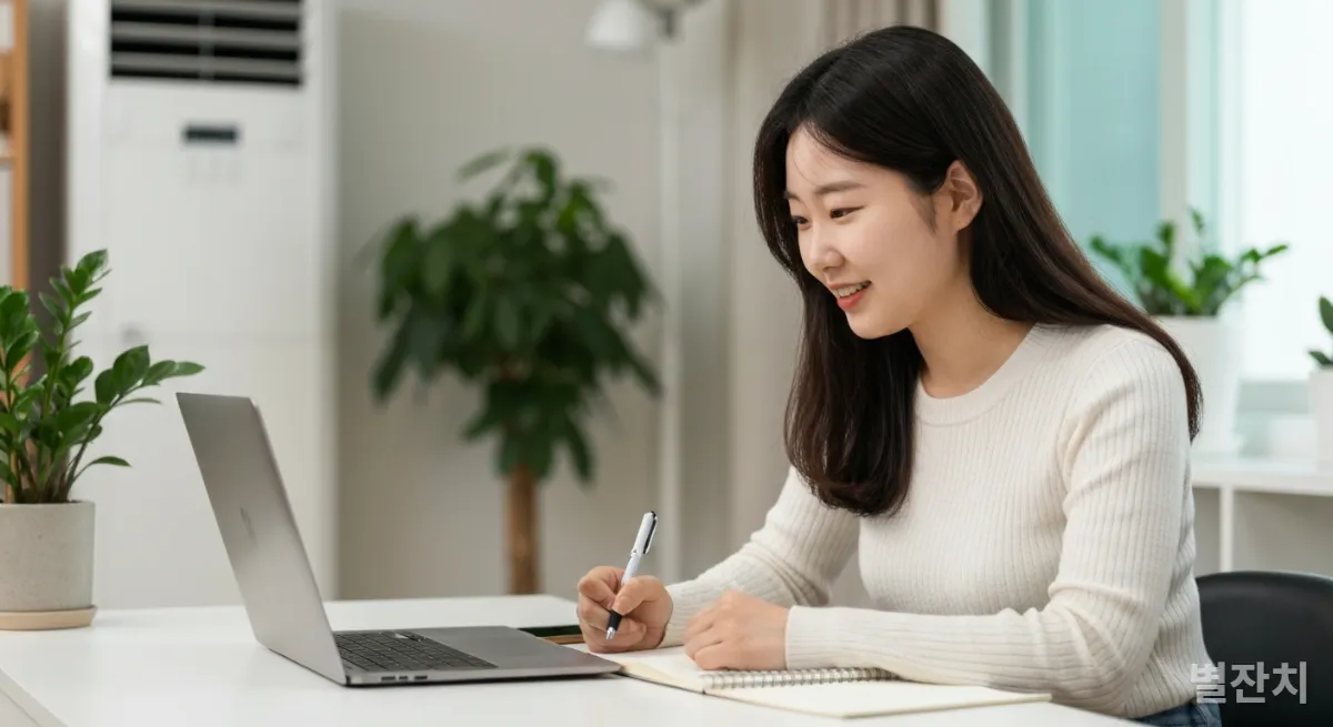 온라인 AI 워크숍에 참여하며 새로운 기술을 배우는 한국인 여성 직장인