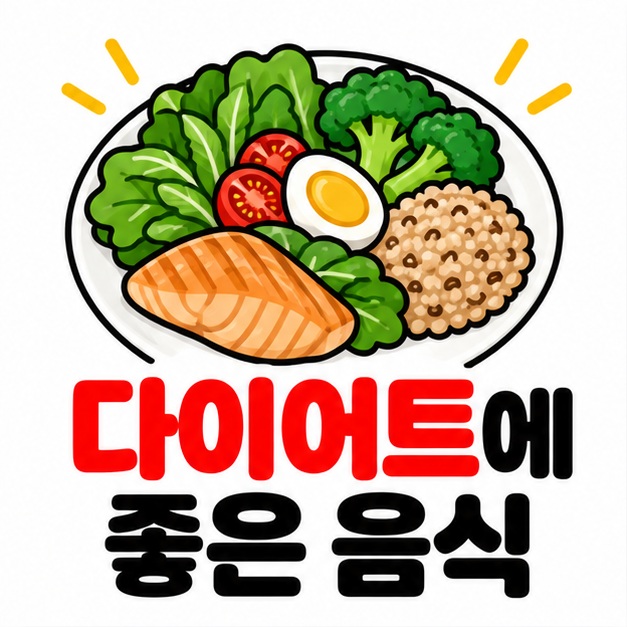채소와 달걀 생선 통곡물이 담긴 접시 옆에 다이어트에 좋은 음식 문구를 크게 보여주는 대표 카드