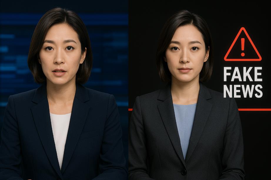 진짜 앵커와 가짜 AI 앵커의 대비, 가짜 뉴스 경고 표시