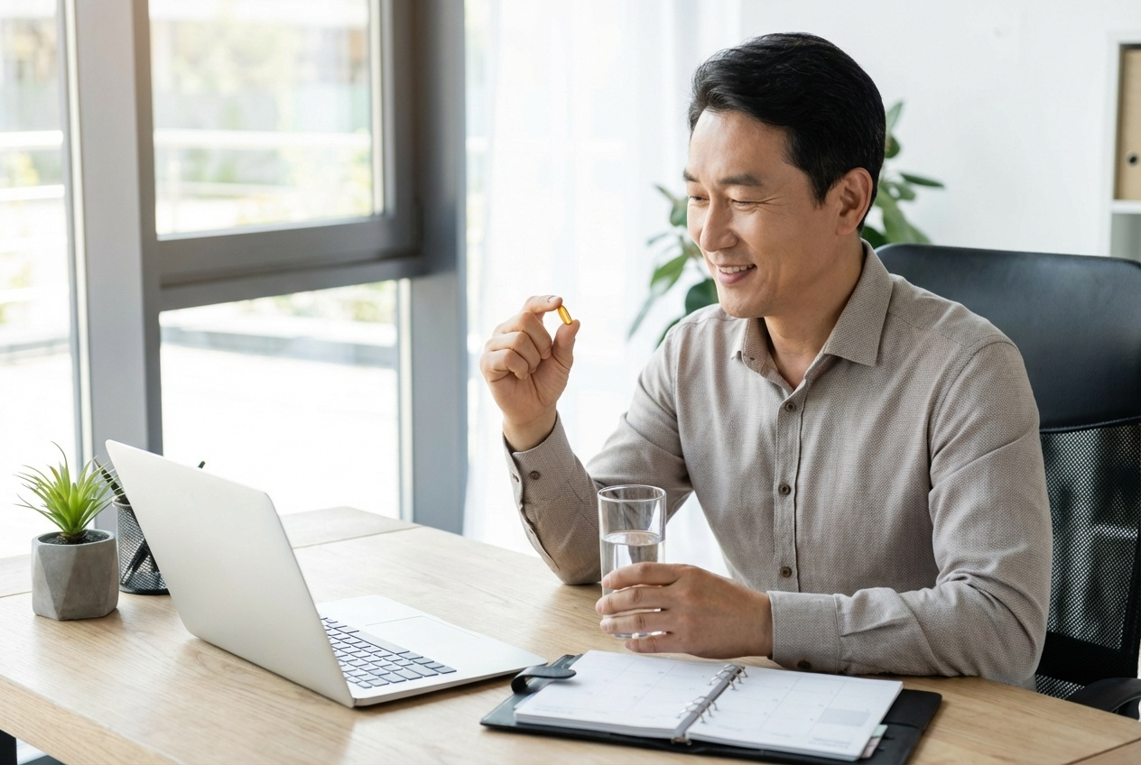 밝은 사무실 책상에서 노트북과 다이어리를 두고 앉아 있는 중년 남성이 한 손에는 물컵, 다른 손에는 노란 캡슐을 들고 미소 짓는 모습으로, 일상 속에서 편하게 영양제를 챙겨 먹는 장면을 표현한 이미지.