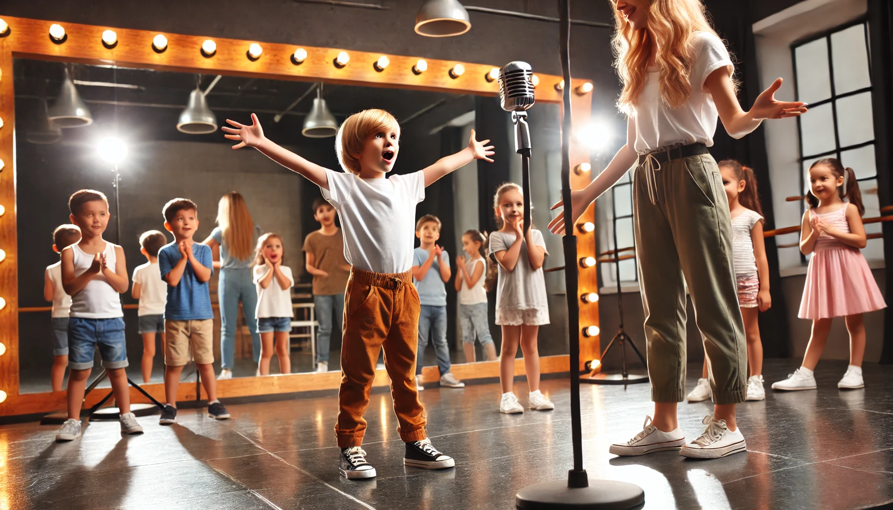 어린아이들이 뮤지컬 학원에서 수업을 받는 모습