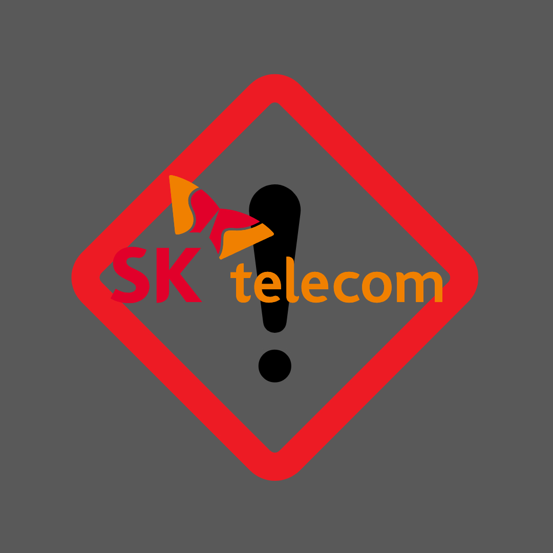 SKT 해킹 사태를 표현한 로고에 경고 메세지가 뜬 이미지