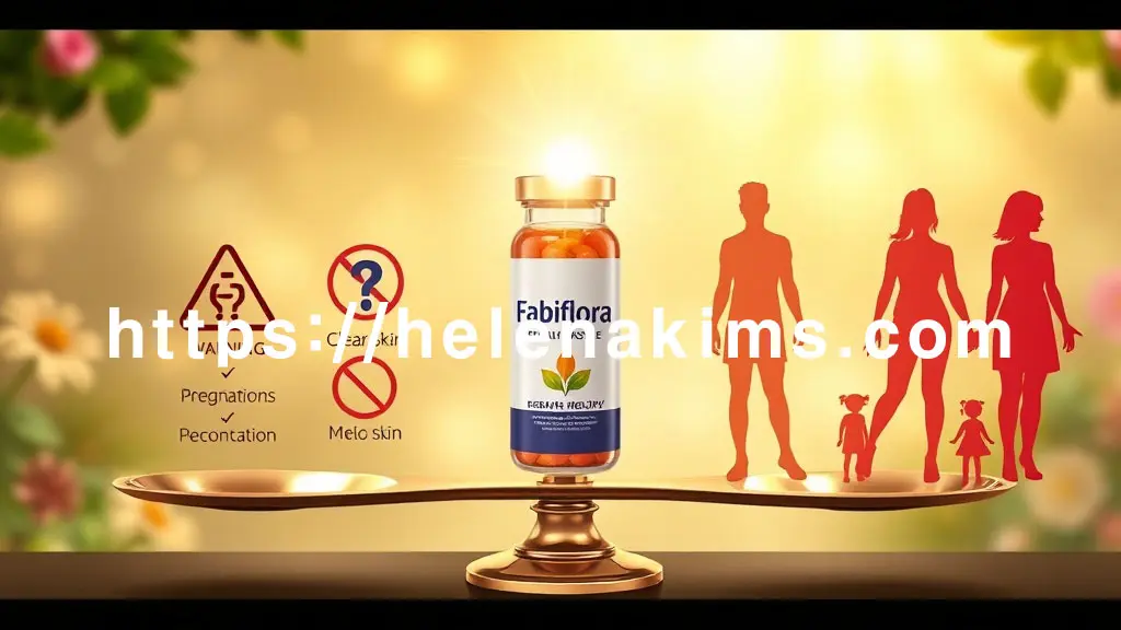 파비플로라 캡슐이 균형 잡힌 저울 위에 놓여있다. 저울의 한쪽에는 **경고 아이콘(🚫), 물음표 아이콘(❓), 그리고 임산부/질환자/약물 복용자 금지 표시(⛔)**가 배치되어 주의와 상담의 중요성을 강조한다.