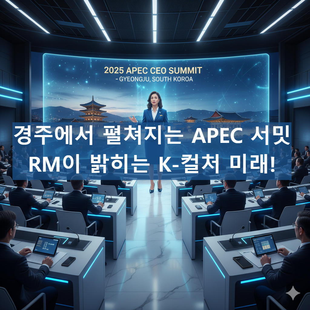 2025년 10월 29일 경주 APEC CEO 서밋 개막을 알리는 이미지. 다양한 국적의 비즈니스 리더들이 회의장에 모여있고, 경주의 전통 건축물이 현대적인 회의장과 어우러져 한국의 문화와 경제적 위상을 상징합니다.