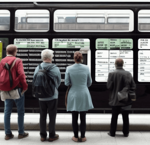 버스 시간표를 보고있는 사람들