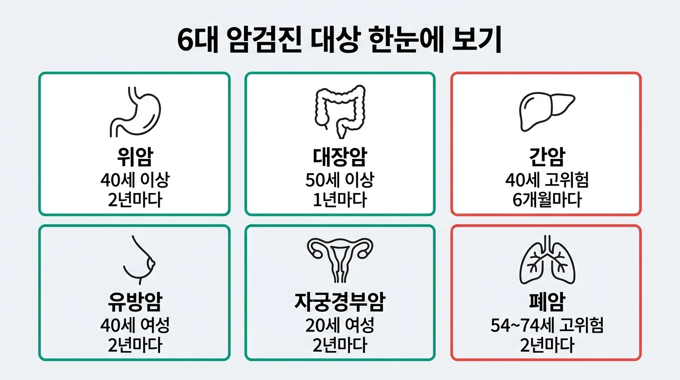 2026년 국가 6대 암검진 위암 대장암 간암 유방암 자궁경부암 폐암 대상 연령 검사 주기 비교 인포그래픽