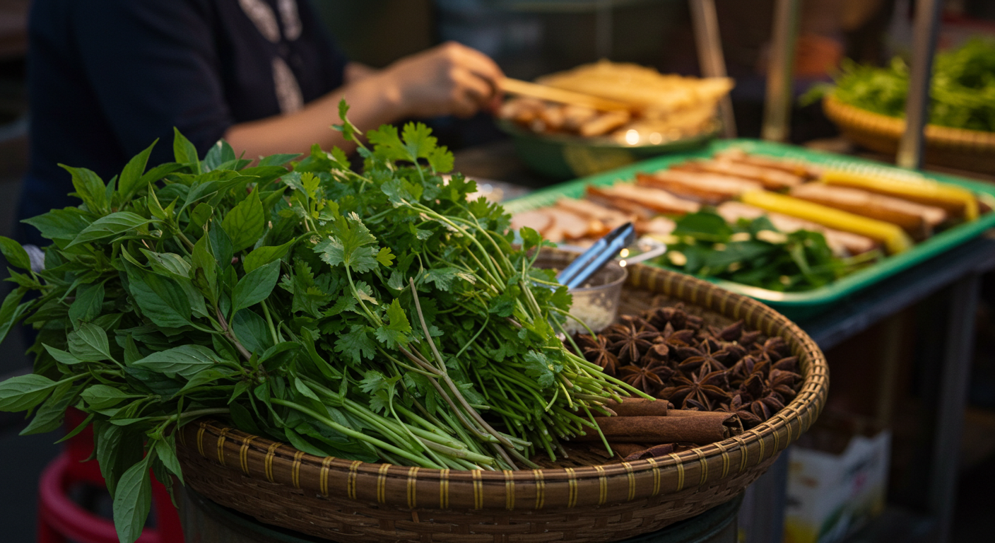 현지 시장의 바구니에 담긴 신선한 허브들