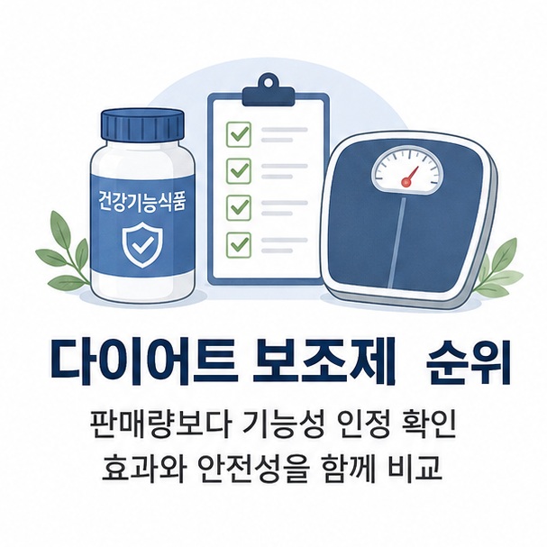 건강기능식품 포장과 체크표, 체중계를 통해 다이어트 보조제는 판매량보다 기능성 인정과 안전성을 기준으로 선택해야 함을 보여 주는 그림
