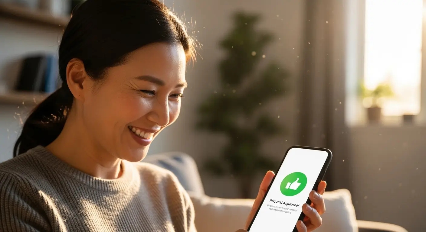 스마트폰 앱을 통해 대출 한도 조회를 마치고 승인 가능 메시지를 확인하며 기뻐하는 모습