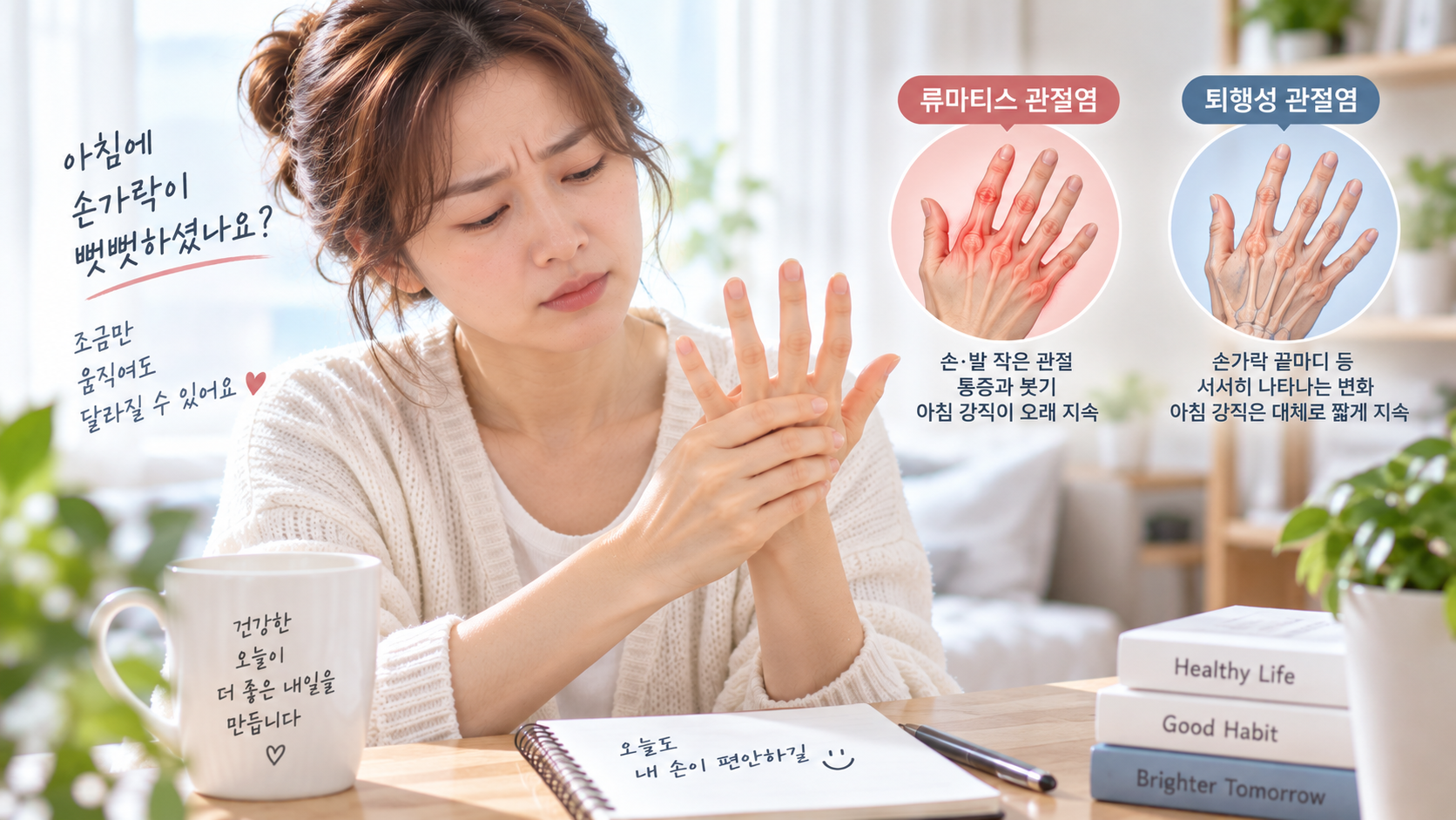아침에 뻣뻣한 손가락 관절을 천천히 움직이며 상태를 확인하는 모습