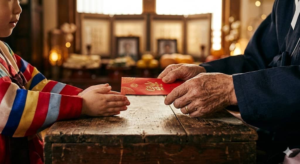 파일명: korean_lunar_new_year_sebaedon_red_envelope_money_fivethousand_won.jpg Alt 태그: 한국 설날 세뱃돈 빨간 봉투 오만원권 화폐 경험 돈의 역사 오행 수(水) 온고지신