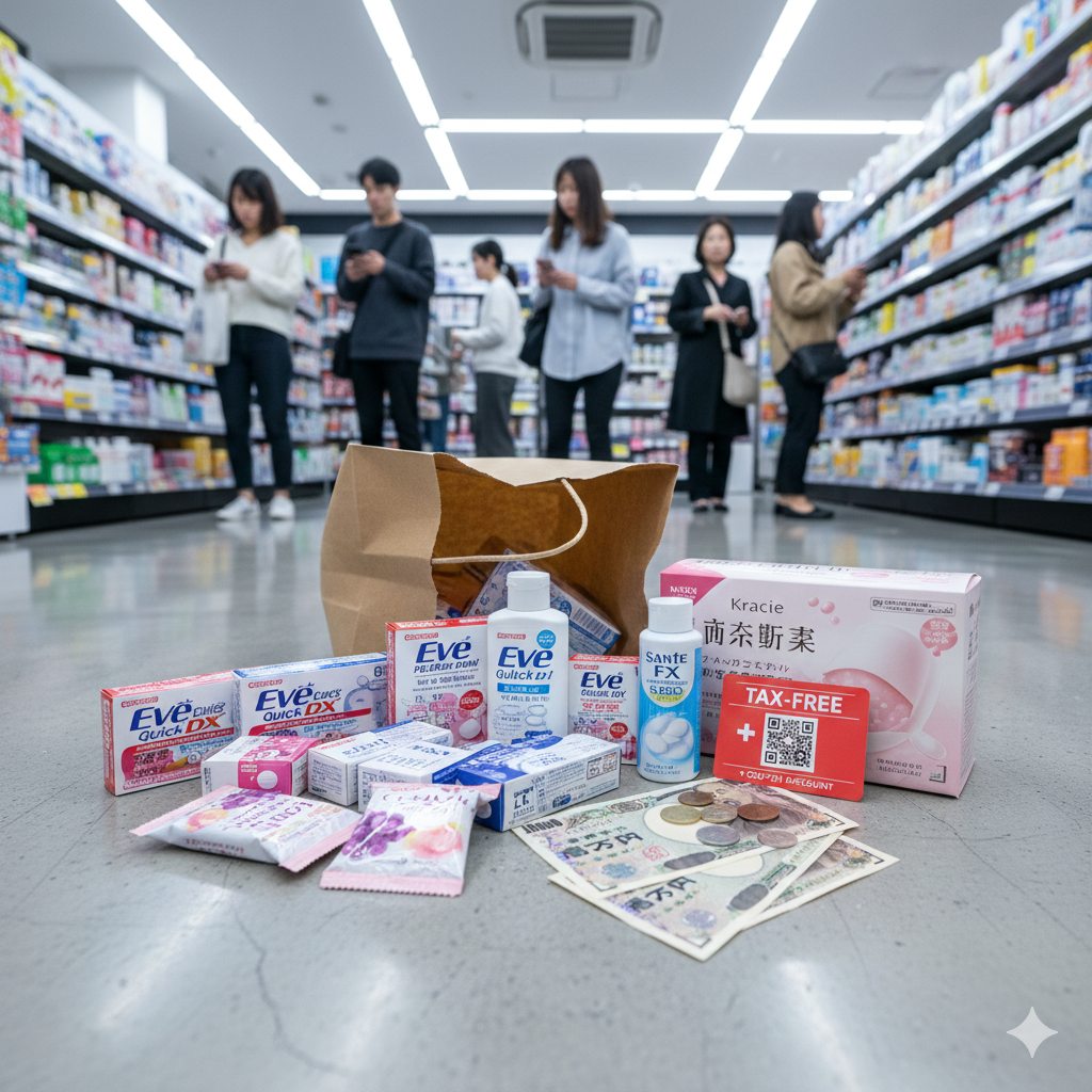 일본의 드럭스토어 통로 바닥에 가까이 초점을 맞춘 이미지예요. 전경에는 진한 청바지와 검은색 컨버스 운동화를 신은 사람의 다리 부분이 보이고, 그 옆에는 갈색 종이 쇼핑백과 엔화 지폐 및 동전 몇 개가 바닥에 흩어져 있어요. 앉아있는 사람은 왼손에 휴대폰을 들고 있으며, 흐릿한 배경으로는 길게 뻗은 상품 진열대와 그 사이에서 쇼핑하고 있는 다른 손님들의 모습이 보여요.