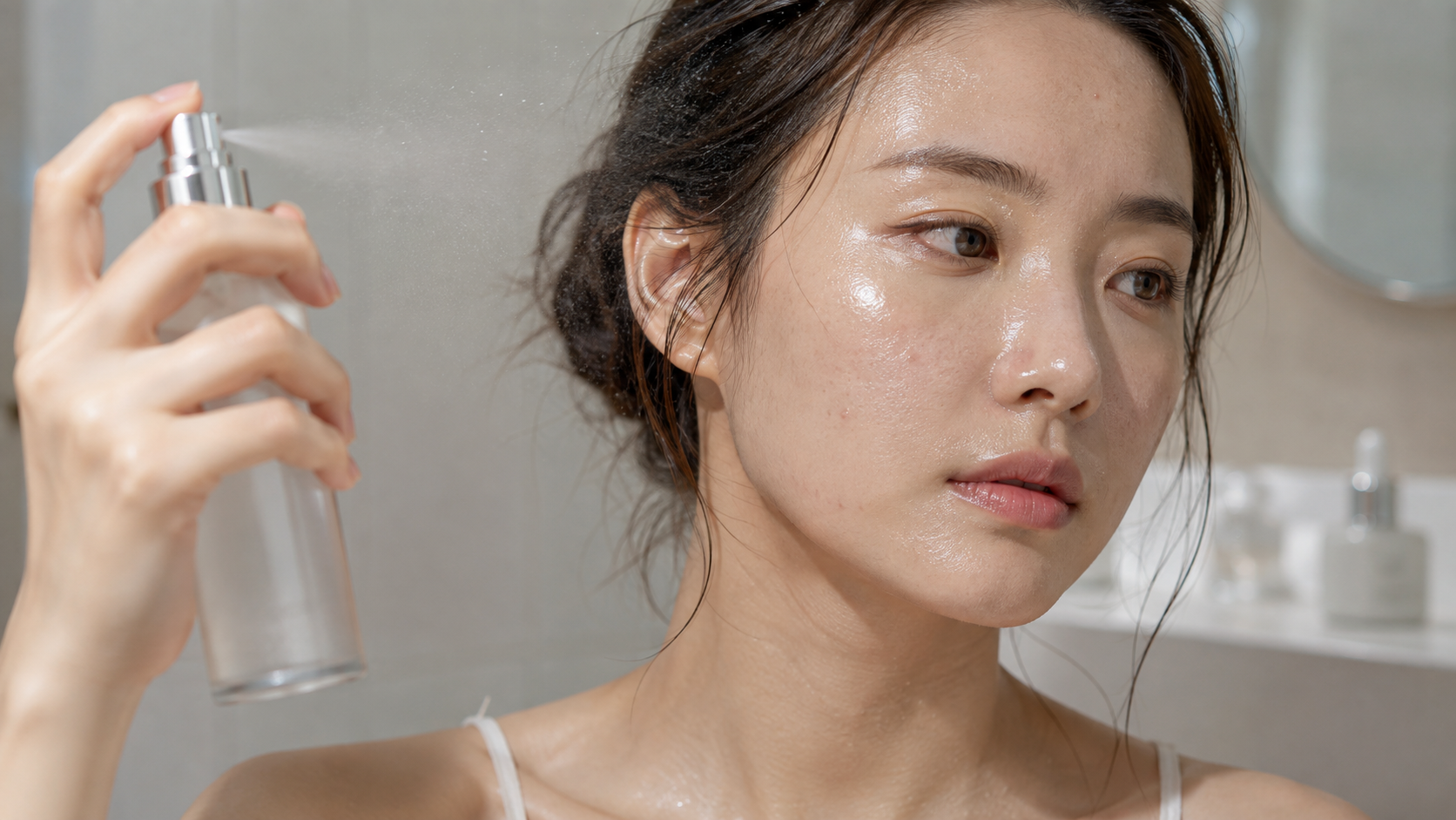 물광 미스트 사용 후 피부 요철이 도드라진 여성의 모습