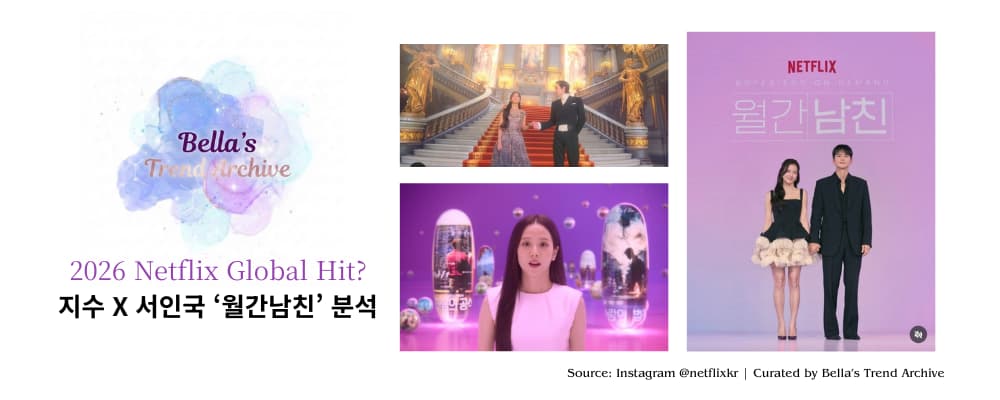 Main thumbnail for Netflix series "Boyfriend on Demand" analysis report, featuring BLACKPINK's Jisoo and Seo In-guk. The image showcases a 3-part layout including the official poster, stills, and "Bella's Trend Archive" logo with the text "2026 Netflix Global Hit?".
블랙핑크 지수와 서인국 주연의 넷플릭스 드라마 '월간남친(Boyfriend on Demand)' 분석 리포트 메인 썸네일. 벨라의 트렌드 아카이브(Bella's Trend Archive) 로고와 드라마 포스터, 주요 스틸컷이 포함된 3분할 디자인 이미지.