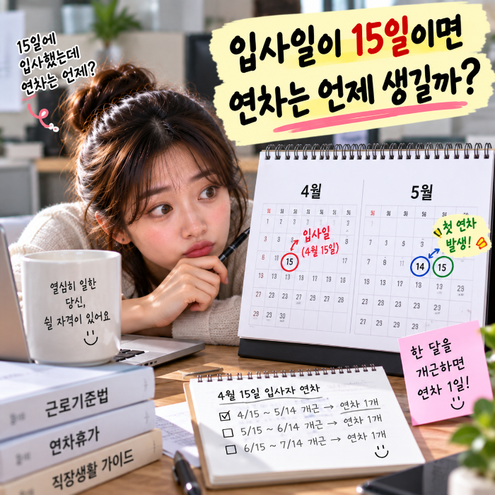 4월 15일 입사자가 4월 15일부터 5월 14일까지 개근한 뒤 첫 연차 1일이 발생하는 시점을 확인하는 이미지