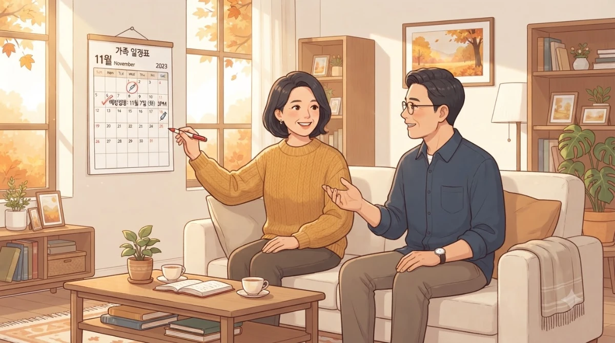 한국인 중년 여성이 거실 소파에 앉아 가족 달력에 접종 일정을 표시하며 남편과 함께 이야기하는 장면.