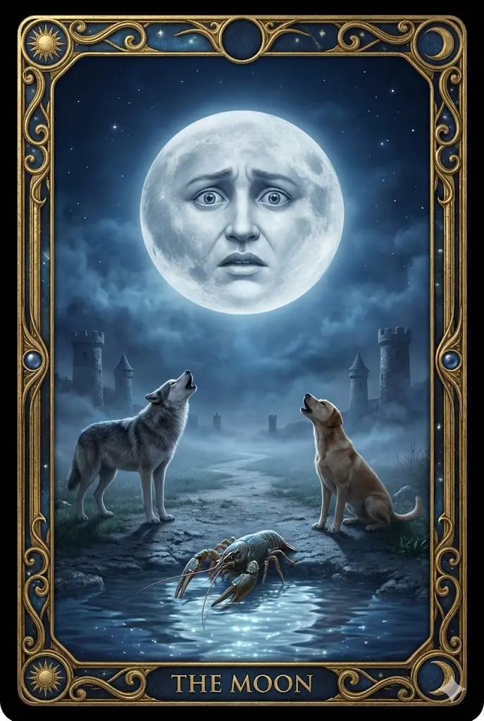 어두운 밤하늘에 걱정스러운 표정을 한 보름달이 떠 있습니다. 아래쪽에서는 늑대와 개가 달을 향해 울부짖고 있고, 물웅덩이에서 가재가 기어 나오는 모습입니다. 안개가 자욱하고 신비로우면서도 어딘가 불안하고 알쏭달쏭한 분위기를 자아냅니다. 불확실성과 혼란스러운 마음을 상징합니다.