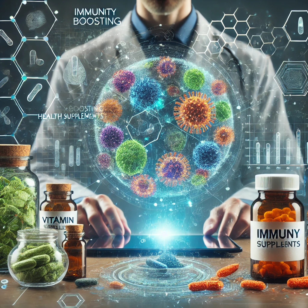 면역력 강화와 관련된 건강기능식품과 바이오 연구를 나타내는 이미지