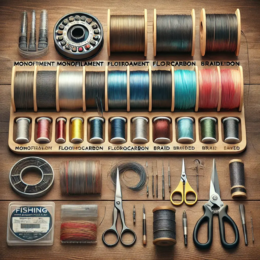 나무 테이블 위에 정리된 다양한 낚싯줄 종류