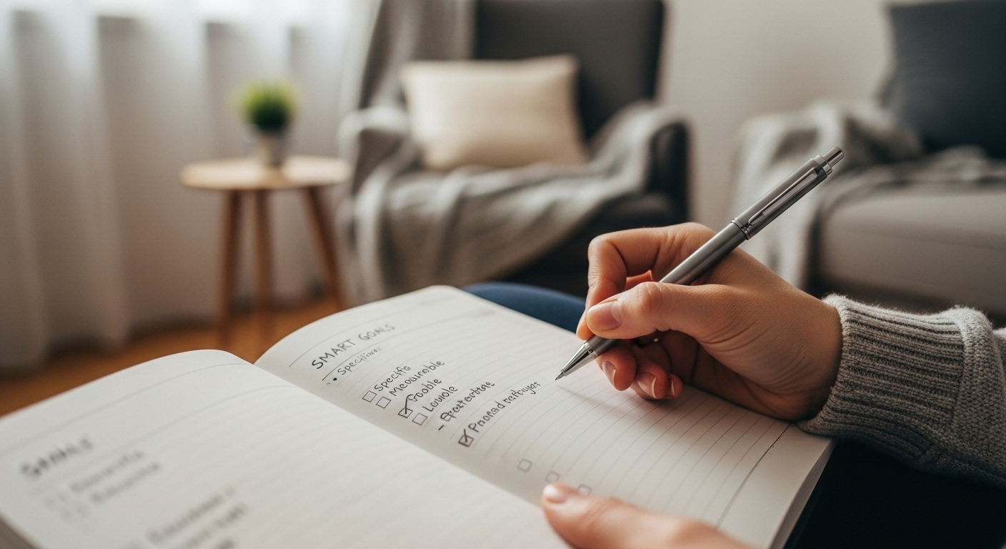 플래너에 SMART 목표를 구체적으로 적고 있는 손 클로즈업. 목표 설정의 중요성을 시각적으로 보여줍니다.