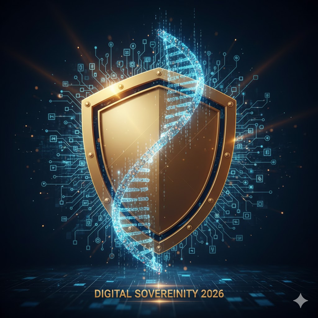 [A sophisticated digital visualization of a majestic golden shield intertwined with a DNA-like glowing digital code and blockchain patterns, representing digital sovereignty in 2026.]