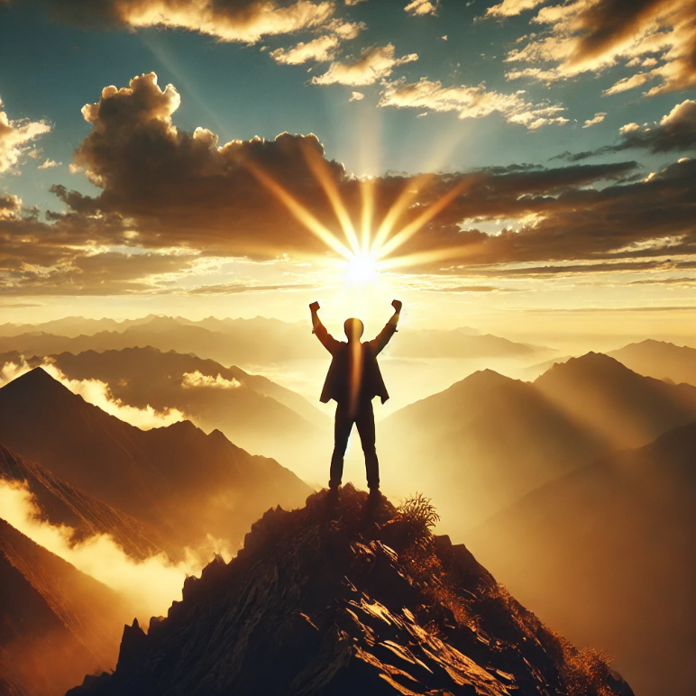 산 정상에서 희망찬 새해를 외치는 사람의 모습.