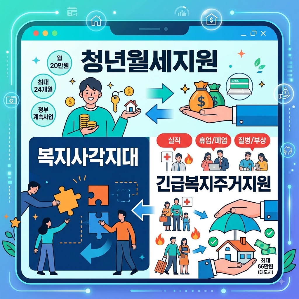 청년월세지원, 신청조건, 복지사각지대, 긴급복지주거지원 키워드가 담긴 인포그래픽 형태의 정사각형 썸네일 이미지입니다.
