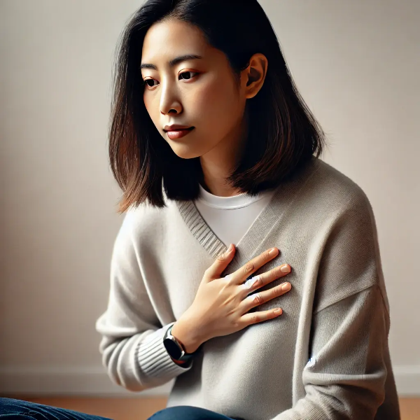 숨이 불편해 보이며 가슴을 누르고 앉아 있는 동양인 젊은 여성