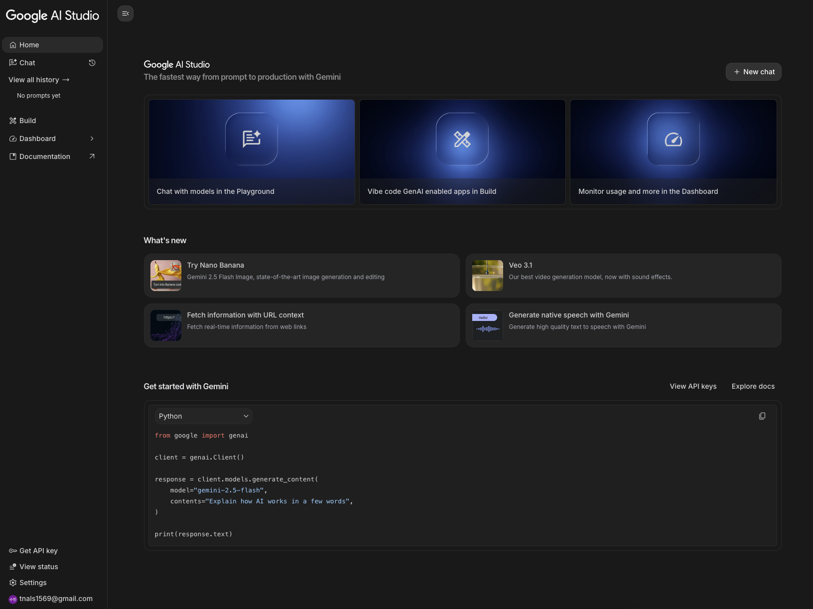 Google AI Studio 공식 홈페이지에 로그인 한 대시보드 화면