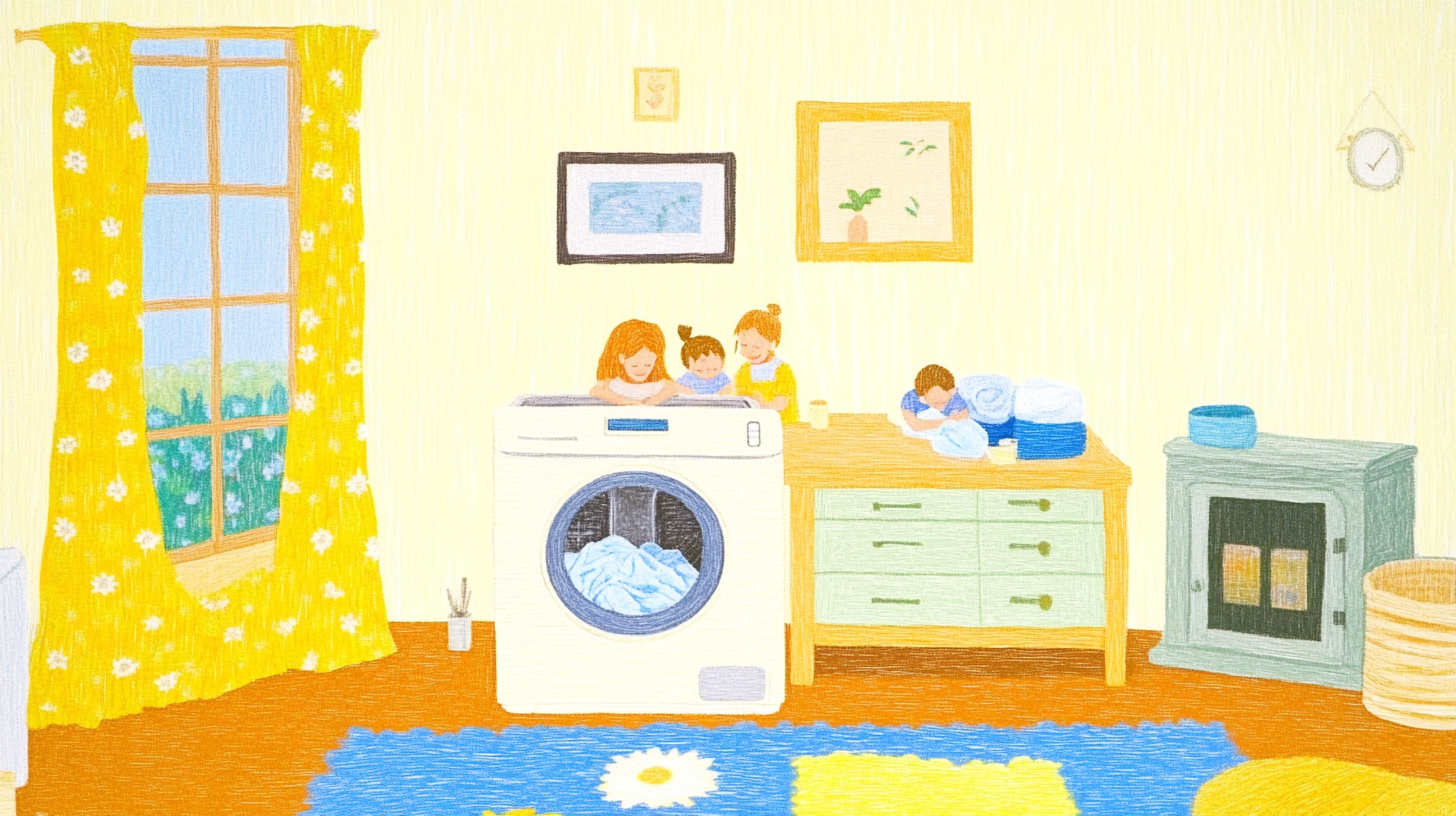 아늑한 가정환경에서 삼성 WF2117HCWWC를 사용하여 대용량 세탁물을 효율적으로 관리하는 가족의 풍경