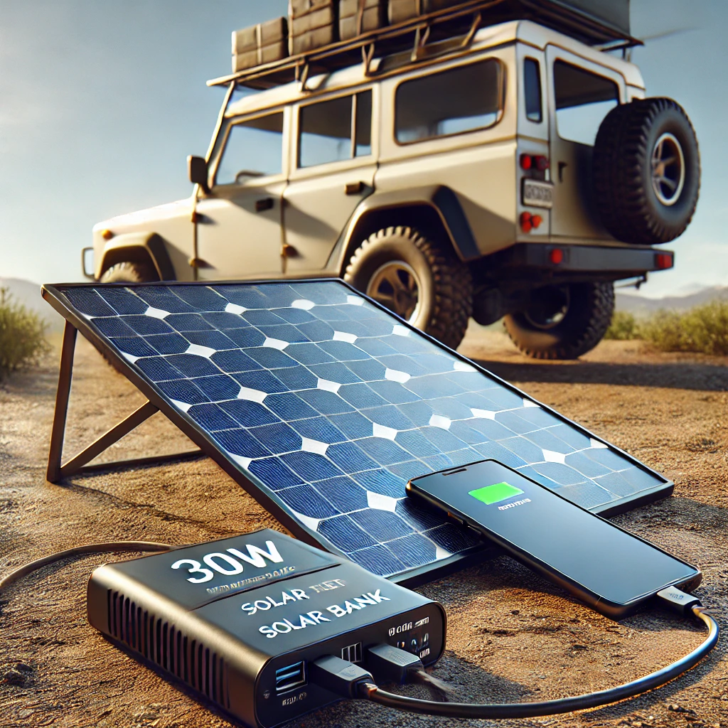 30W 태양광 패널과 고속 충전 컨트롤러로 보조배터리와 스마트폰을 충전 중인 차량 캠핑 셋업
