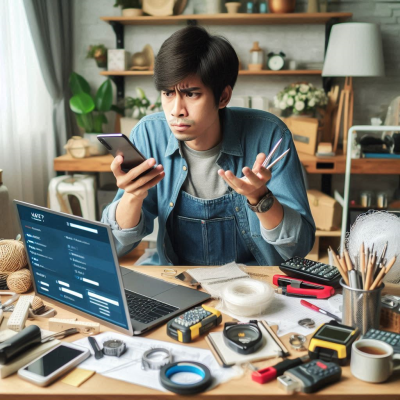 책상 위 전자기기들 사이에서 스마트폰을 보며 당황하는 남성, 보안 문제 직면.