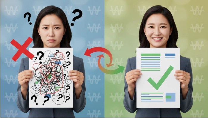 상생페이 심사 서류의 복잡함(왼쪽)과 명확한 해결책을 통해 문제를 해결한 모습(오른쪽)을 대비하여 보여주는 그림.