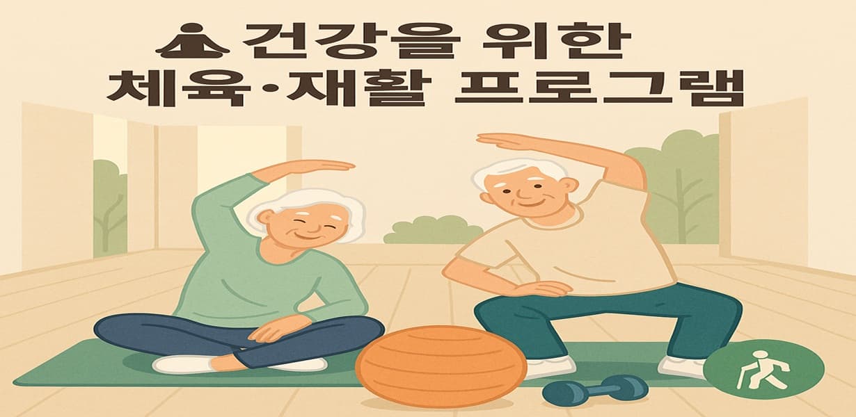 노부부가 요가매트 위에서 스트레칭 운동을 하는 모습의 일러스트. 체육·재활 프로그램을 상징하는 소도구들이 함께 배치되어 있음.