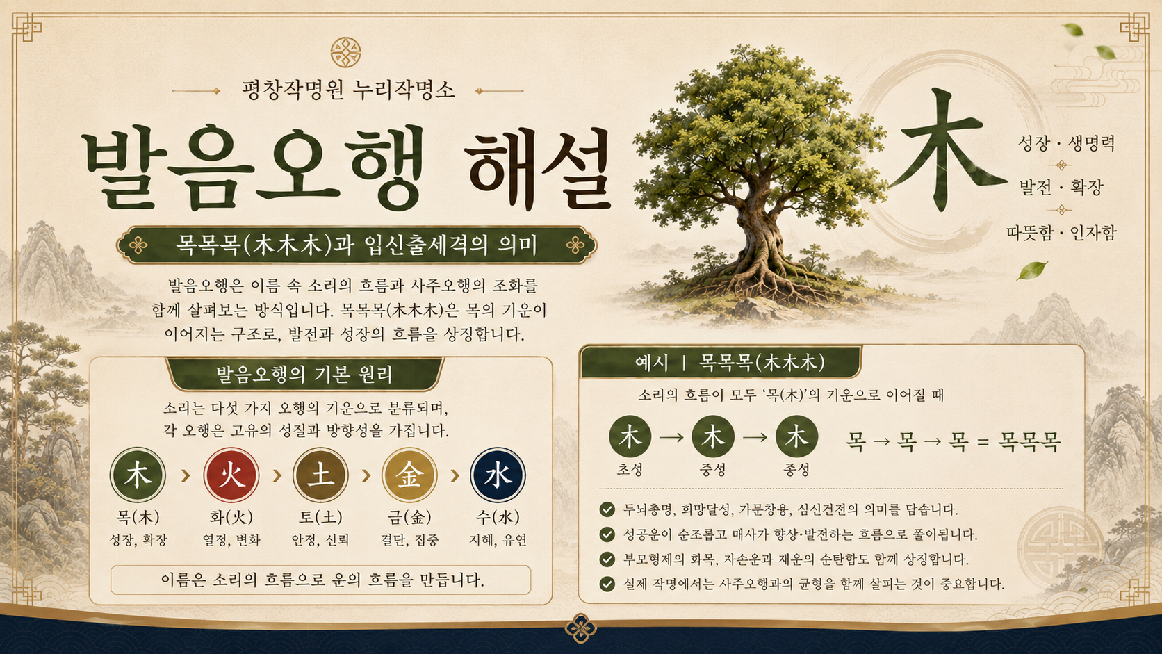 평창작명원 발음오행 목목목과 목오행 의미를 설명하는 누리작명소 이미지