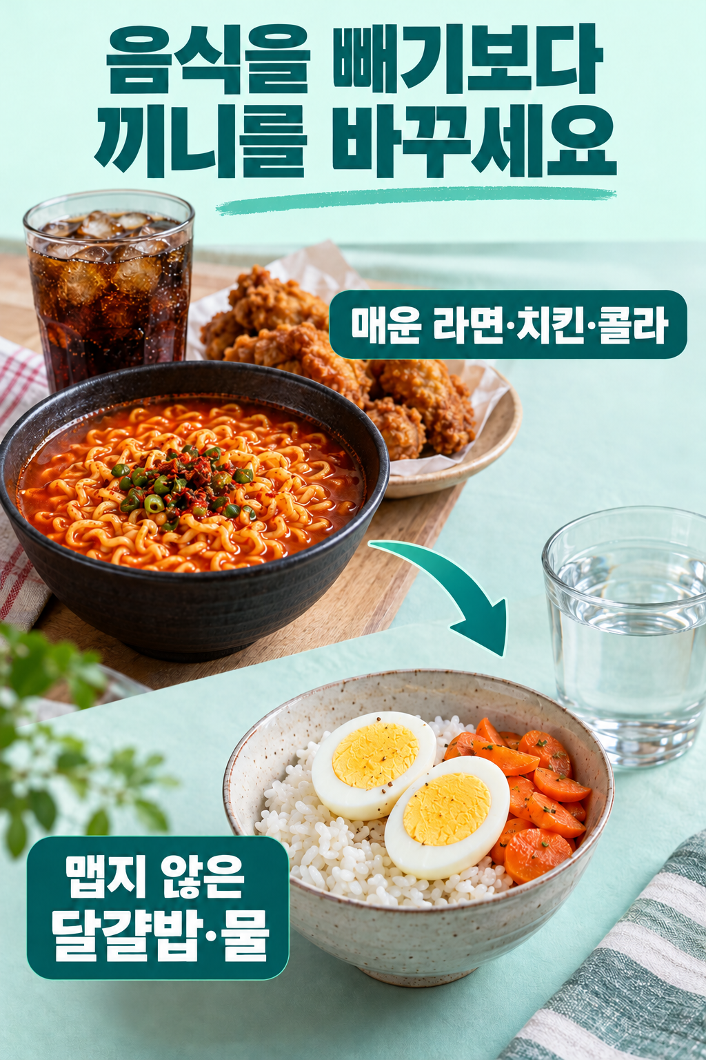 실사 식사 교체: 매운 라면·후라이드치킨·콜라에서 맵지 않은 밥과 완전히 익힌 달걀·익힌 당근·물로 바꾸는 예. 두 메뉴의 열량·영양이 같다는 비교는 아님.
