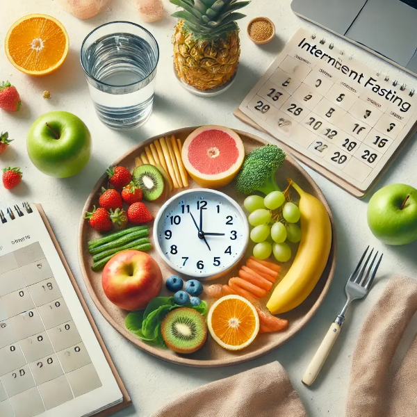 접시 위에 시계와 건강식이 함께 놓여 있으며 옆에는 달력과 물잔이 있는 간헐적 단식 시작 가이드 이미지