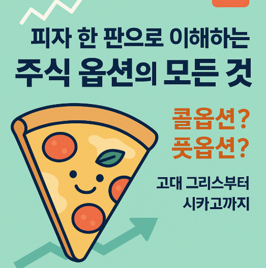 피자 조각과 주식 그래프 아이콘이 있는 옵션 개념 설명 썸네일. "피자 한 판으로 이해하는 주식 옵션의 모든 것"이라는 문구가 강조되어 있고, 콜옵션과 풋옵션에 대한 내용이 함께 소개된다.