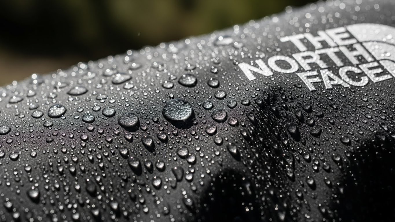 노스페이스 야상 패딩 겉감에 물방울이 스며들지 않고 맺혀있는 기능성 시연 사진