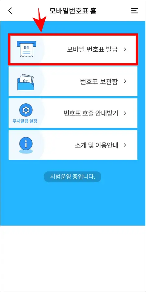 모바일 번호표 홈에서 '모바일 번호표 발급'을 선택