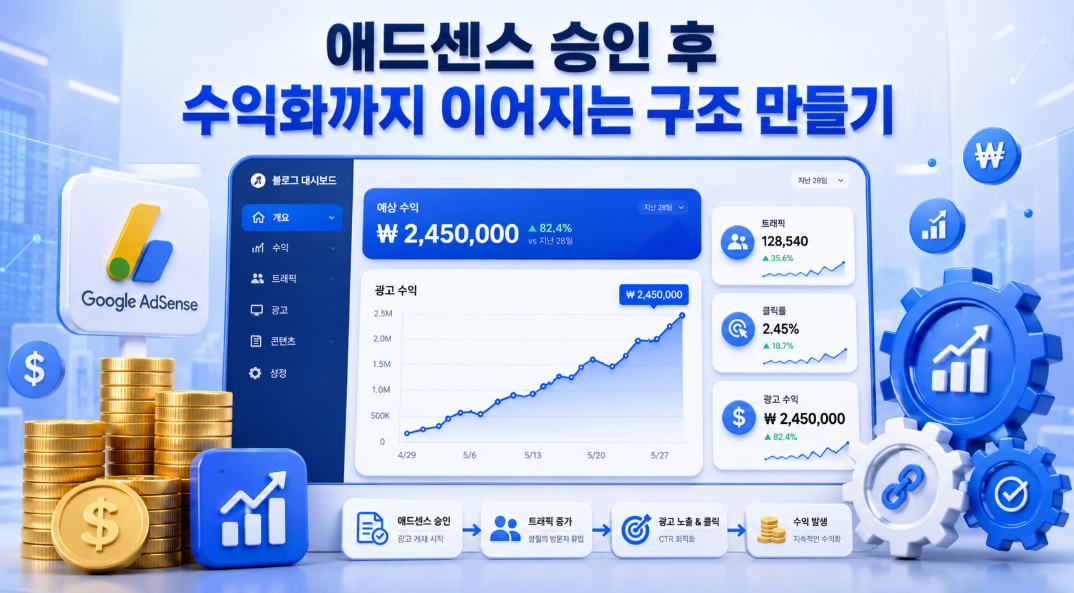 수익 상승 곡선과 시스템을 보여주는 애드센스 수익화 구조 만들기 인포그래픽