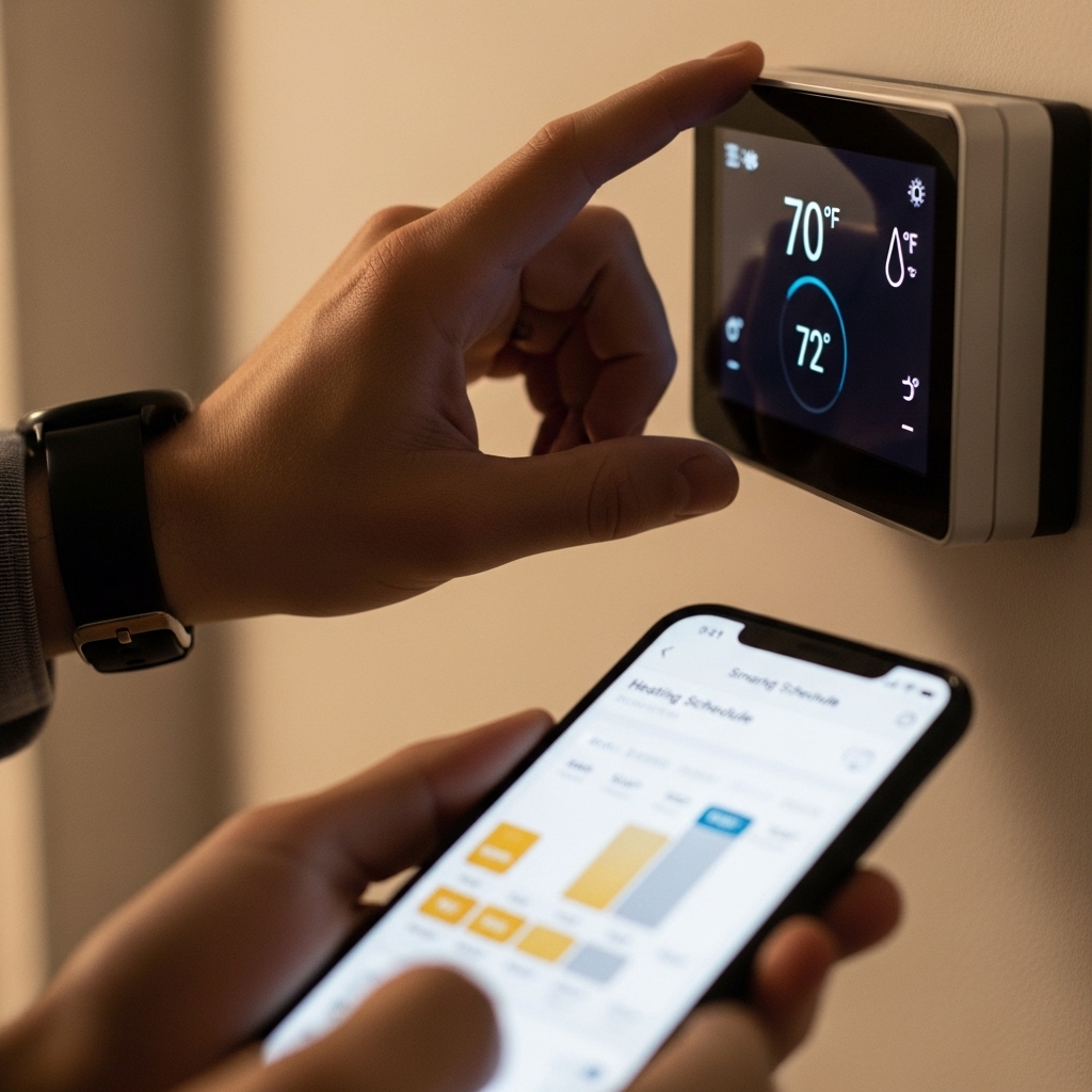 스마트 온도 조절기 화면에서 온도를 조절하는 손과 스마트폰 앱, 효율적인 난방 스케줄을 보여주는 모습.