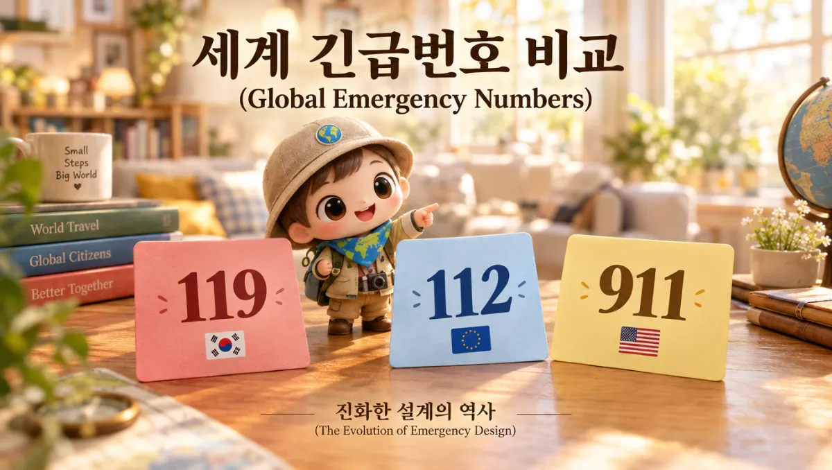 세계 주요 긴급번호 119&middot;112&middot;911을 한눈에 비교하는 프리미엄 인포그래픽 &mdash; 각 번호별 국적 깃발과 색상 카드가 배치된 가운데 미니미 가이드 캐릭터가 친절하게 안내하는 교육용 16:9 인포 이미지