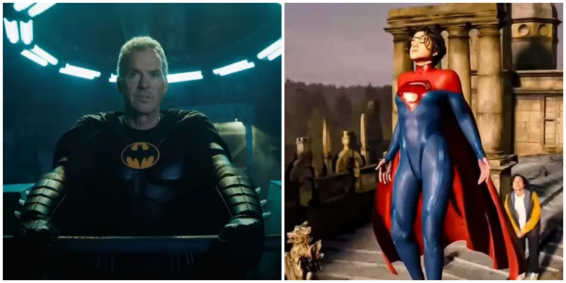 멀티버스 또다른 세계에서 헬멧을 벗은채 슈트입은 배트맨과 하늘을 날려고 하는 슈퍼걸