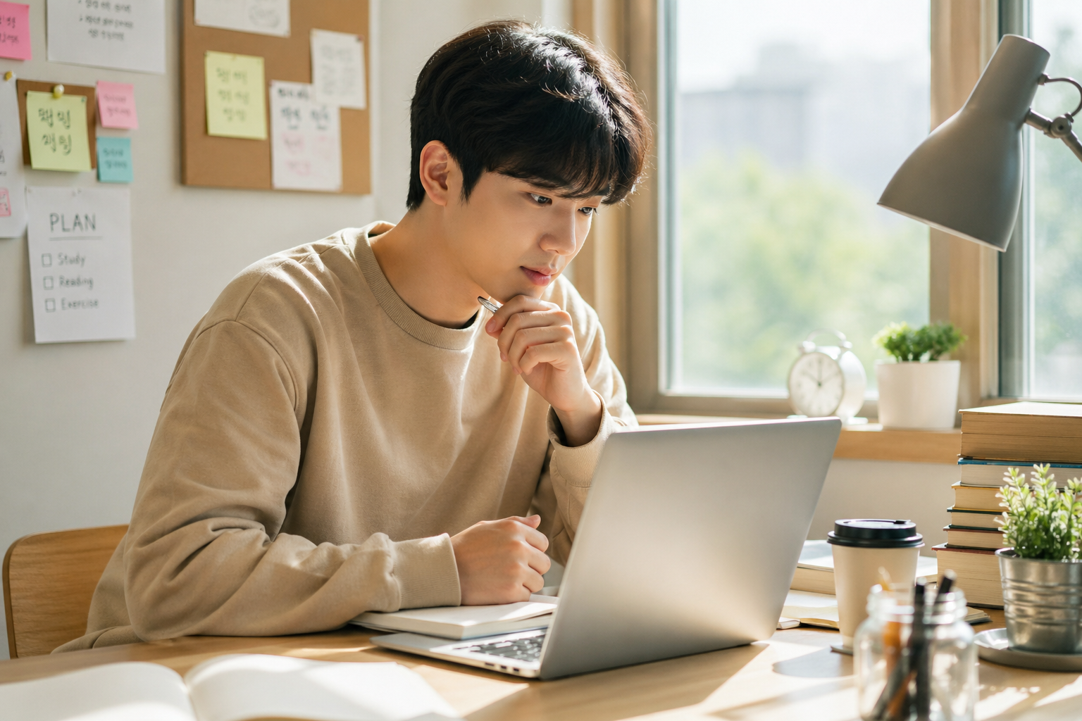 노트북으로 취업 준비를 하는 청년, 자연광이 들어오는 방 안 모습