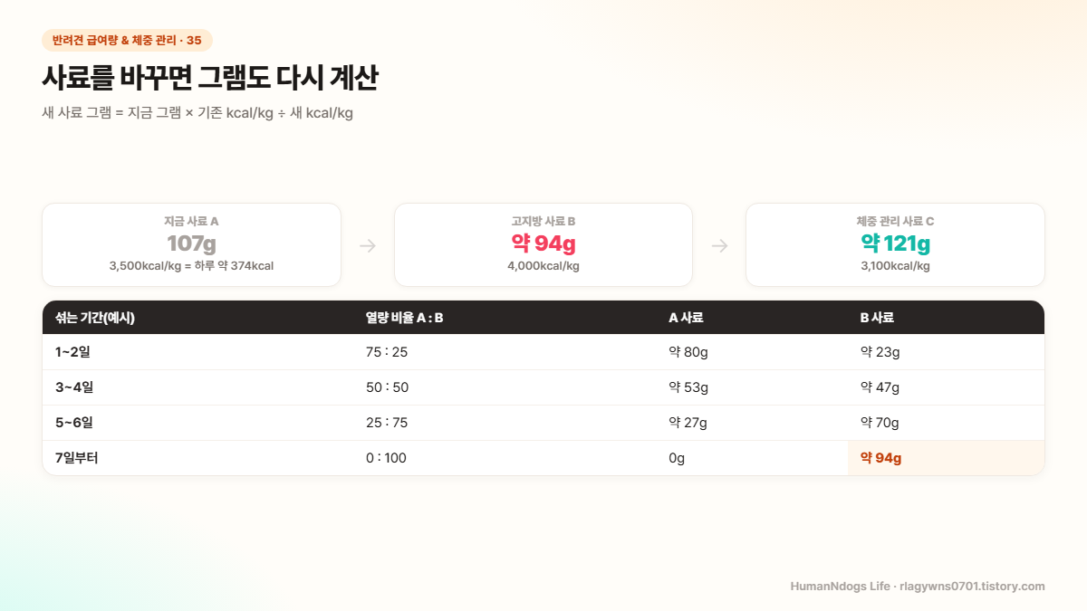 사료를 바꾸면 그램도 다시 계산 도식 — 새 사료 그램 = 지금 그램 × 기존 kcal/kg ÷ 새 kcal/kg