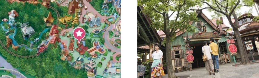 지도에 별표로 위치가 나와있는 그림과 식당 앞에 사람들이 서 있는 사진