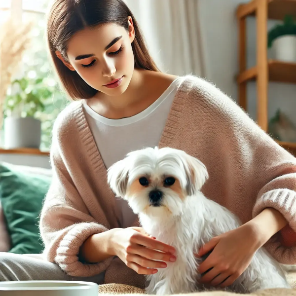 집 안에서 반려견의 털 상태를 세심하게 살펴보는 젊은 여성의 초고해상도 사진